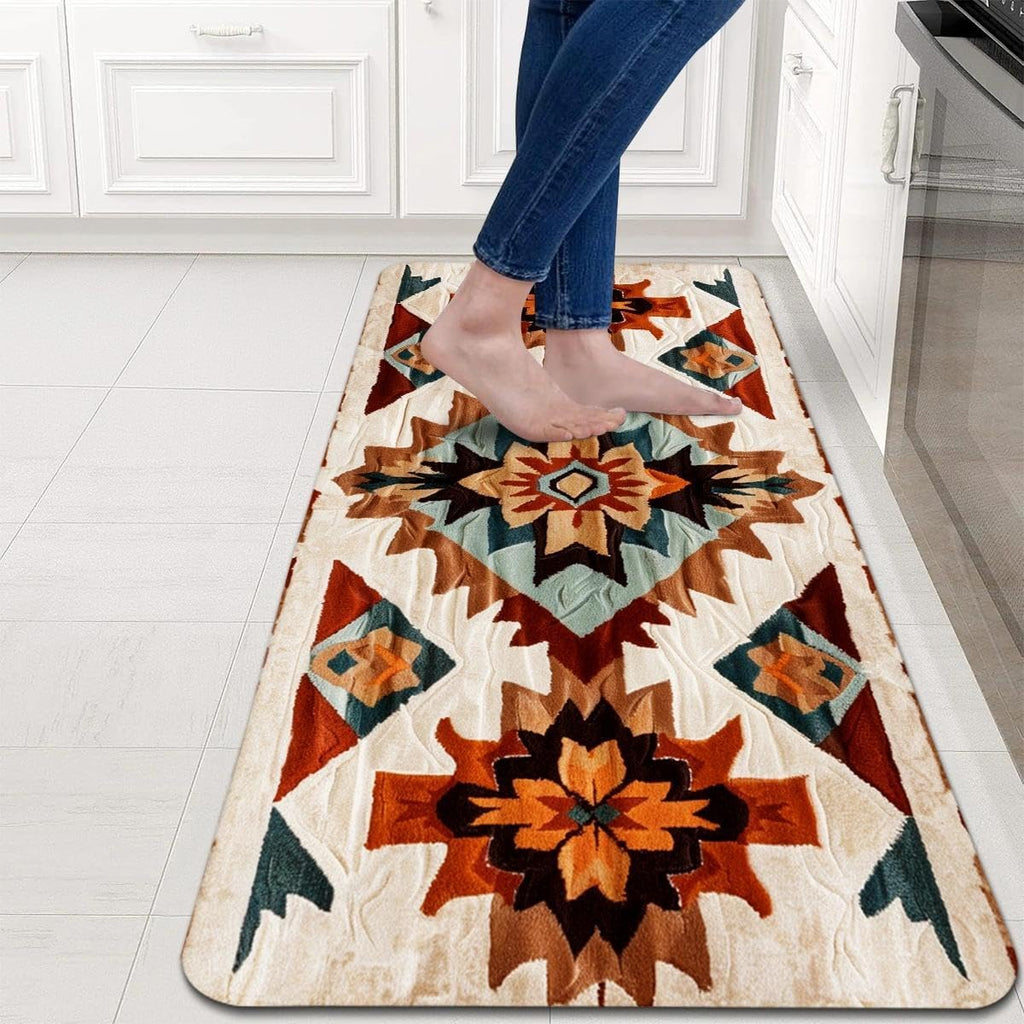 Rustic Navajo Kitchen Rugs Set of 2, Aztec Geometric Cotton Blend Linen Non Slip Kitchen Floor Mats Bedroom Bathroom