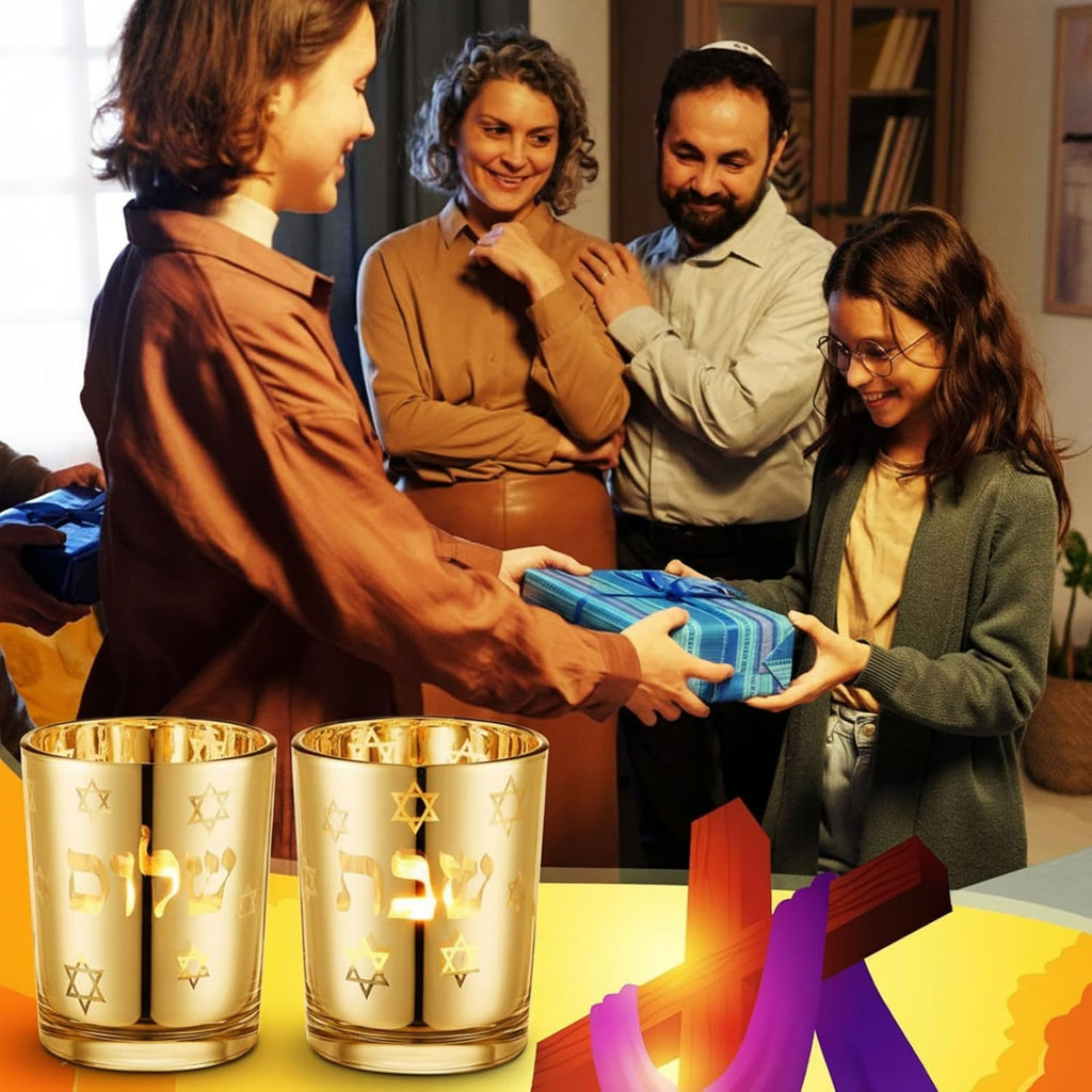 Shabbat Candles Holders Gold Jewish Judaica Gift Set Electroplated Glass Modern Shabbat Candlestick Holders - Set of 2