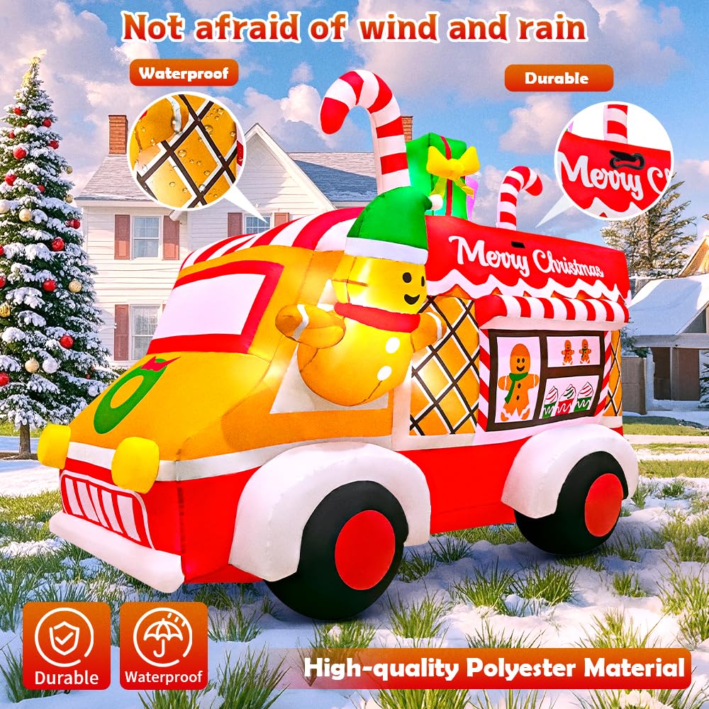 6FT Christmas Inflatables Truck, Gingerbread Car Blow Up Yard Decoration Xmas Inflatable Train with Built-in LEDs for