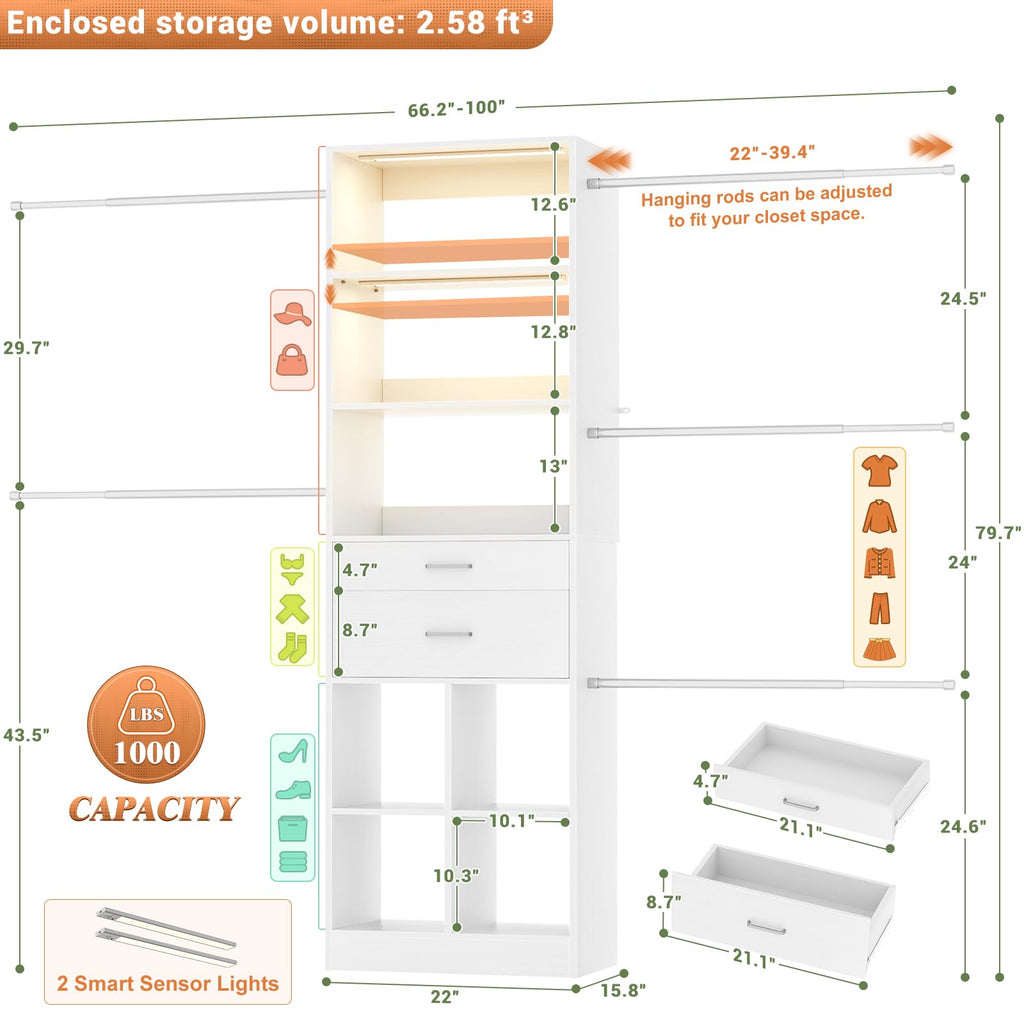 Closet System, Closet Organizer System with Smart Sensor Lights, Enclosed storage volume: 2.58 ft3, White