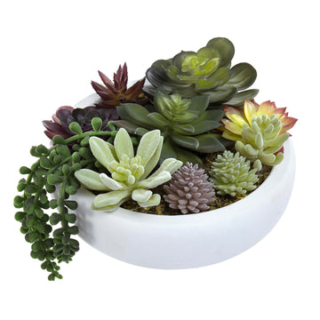 8 Inch Round Modern Artificial Succulent Arrangement Potted in White Concrete Plant Bowl, Assorted Faux Mini