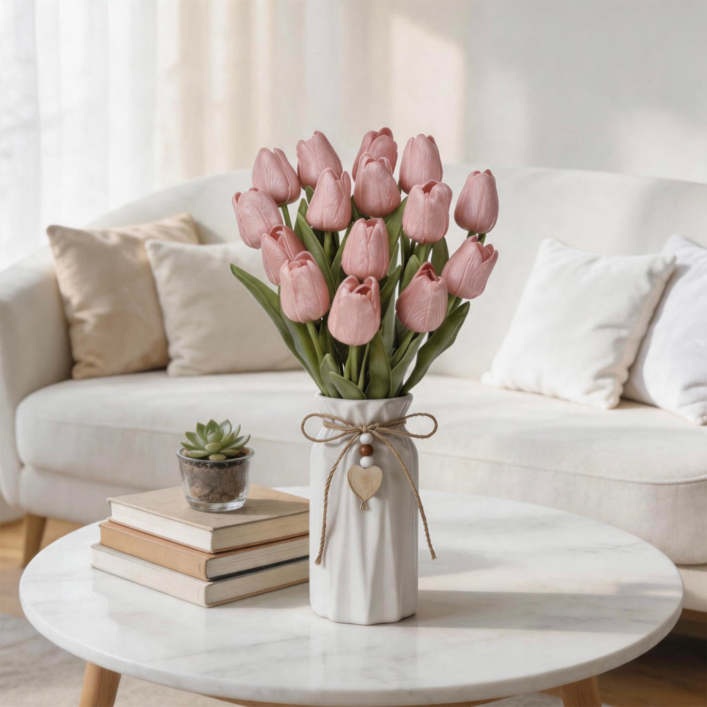 Artificial Tulip Flower Arrangement in Ceramic Vase with Rustic Heart Charm, 15 PCS PU Real Touch Faux Floral Table