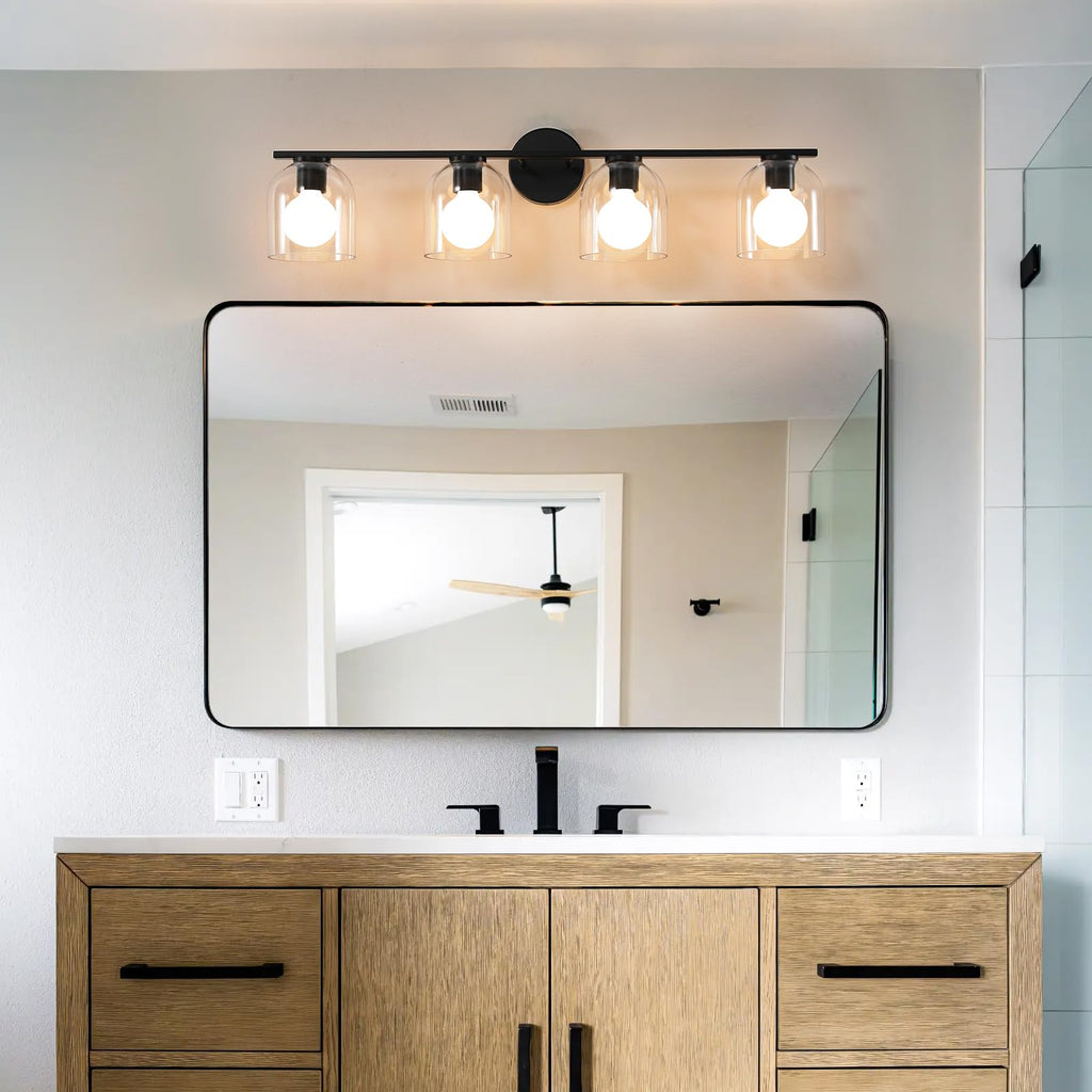 Bathroom Vanity Light Fixtures: 32.3 Inch Modern Matte Black Bathroom Lighting Fixtures Over Mirror with Clear Glass