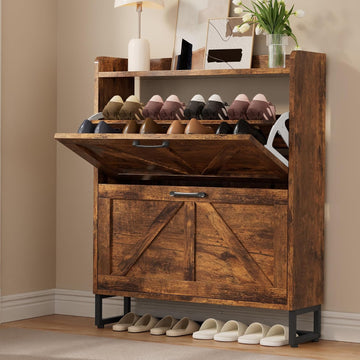 Farmhouse Shoe Storage Cabinet with 2 Flip Drawers, Rustic Brown