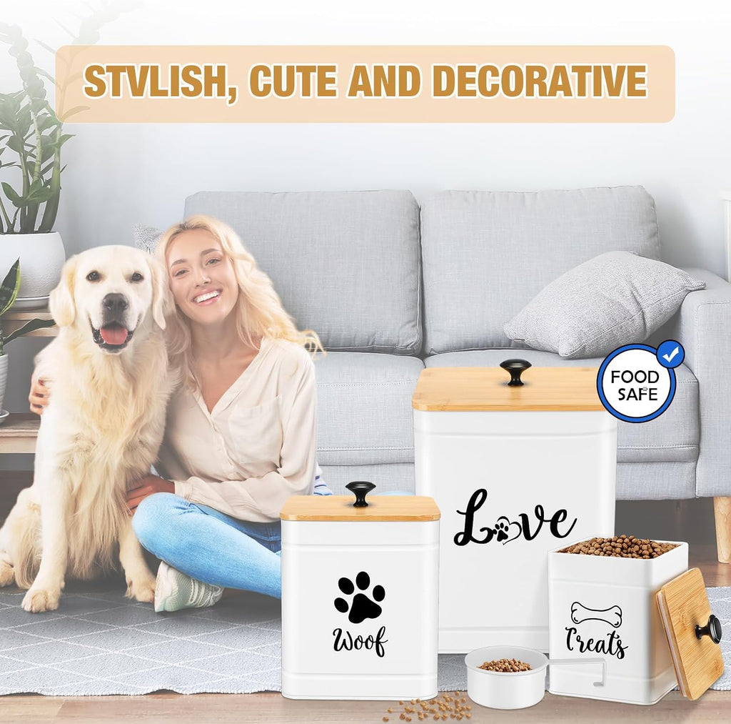 Metal Dog Treat Containers Set of 3 with Bamboo Lids and Spoon Airtight 7+3+2 lbs Dog Food Snack Jars with DIY Labels