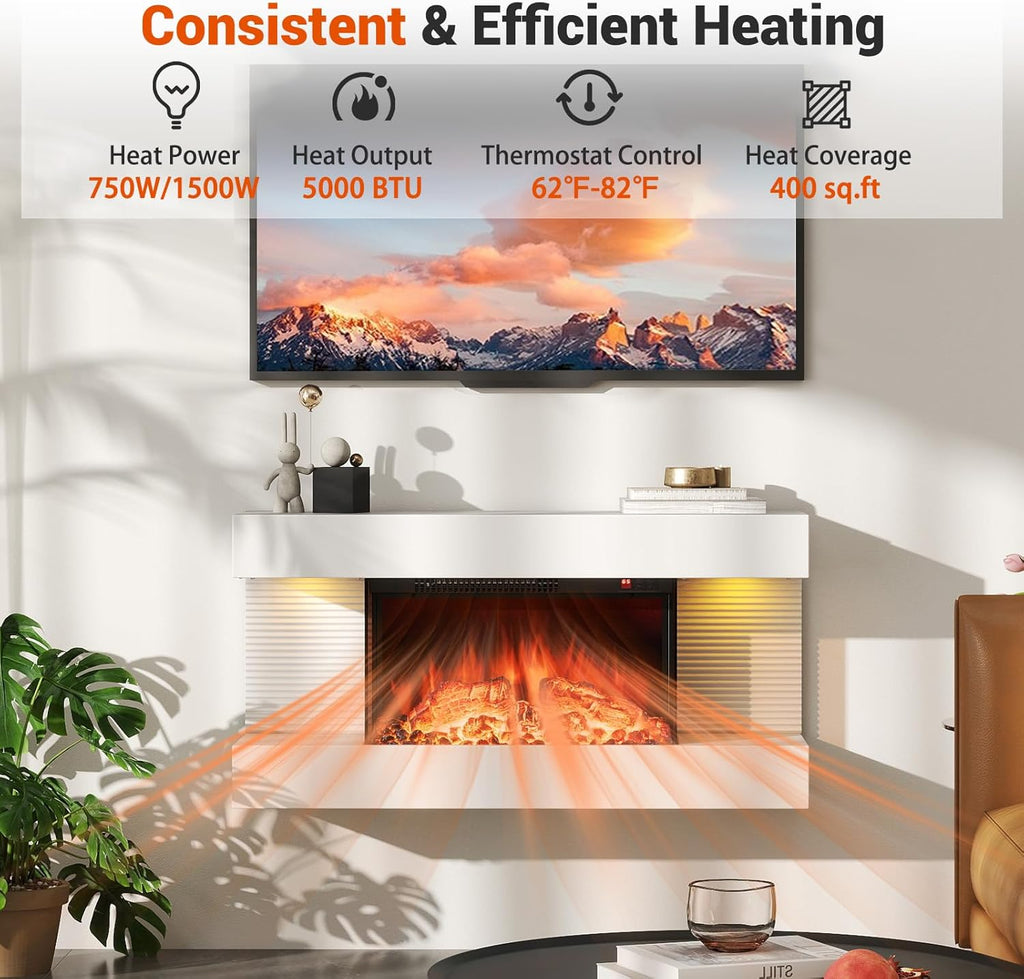 18-Inch Wall Mount Electric Fireplace with 32-Inch Floating Mantel, Remote, 3 Sided Electric Fireplace