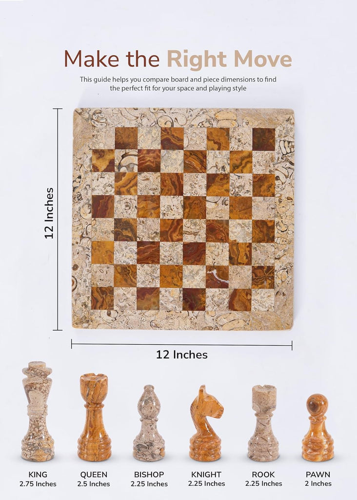 Handmade Fossil Coral and Dark Brown Marble Full Chess Game Original Marble Chess Set