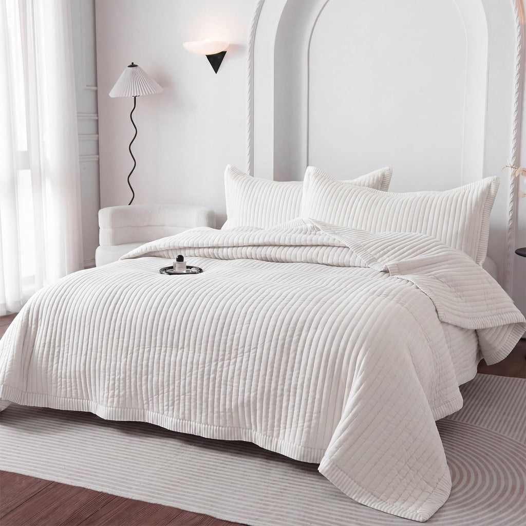 Beige Quilt Set, Striped Quilt Set Lightweight Microfiber Bedspread Coverlet, Farmhouse Bedding with Pillow