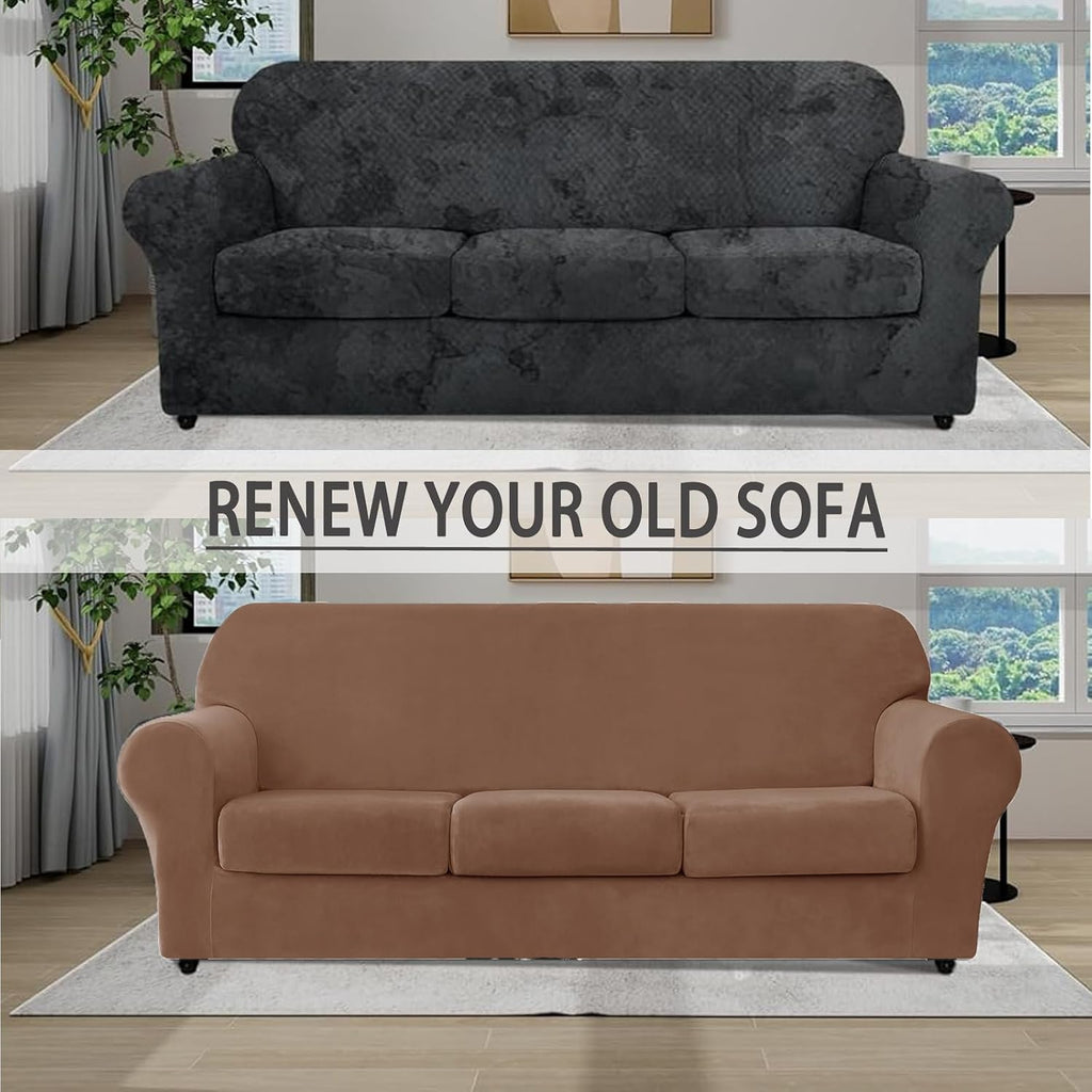 Velvet Couch Covers - Stretch Soft Sofa Slipcovers for 3 Cushion Couch - Pet Friendly and Durable Fabric for Dogs
