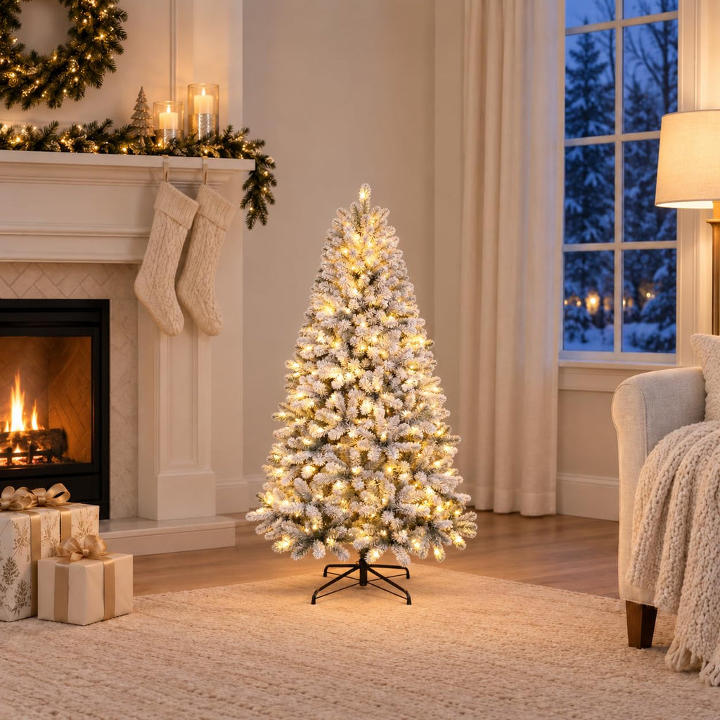 4ft Prelit Artificial Flocked Snow Spruce Christmas Tree Xmas, White