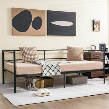 Metal Twin Daybed Frame, Day Bed with Metal Slat Support & 3-Sided Guardrails, 2-in-1 Space-Saving Sofa Bed Guest