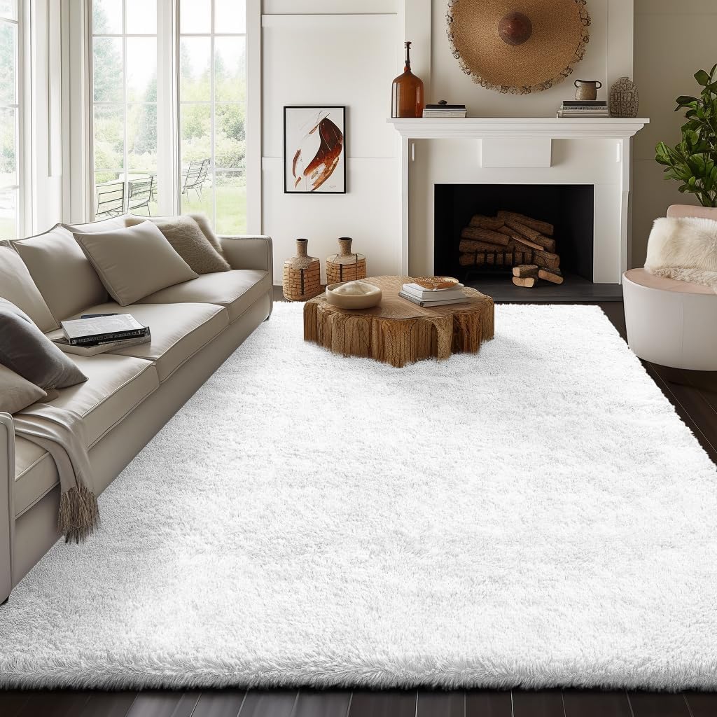 White Area Rugs, Large Shag Bedroom Carpet, Big Indoor Thick Soft Nursery Rug, Ivory Carpets for Boy and Girls