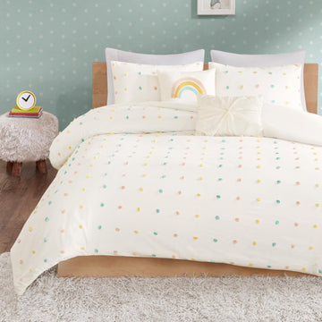 Girls Full/Queen Comforter Set, Ivory 5-Piece Kids Bedding, 100% Cotton Tufted Pom Pom Tufted Jacquard, All