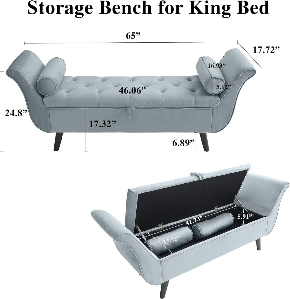 Velvet Storage Bench End of Bed Ottoman, Button-Tufted Upholstered Bed Benches s King with Rolled Arms and 4 Sturdy