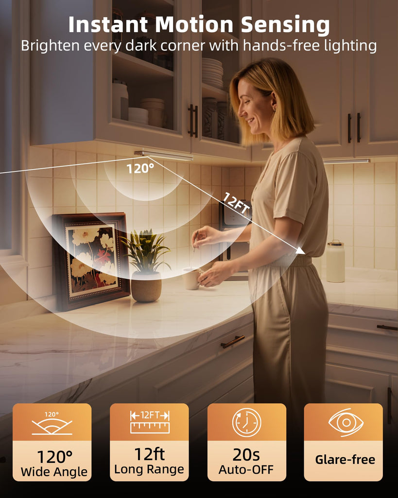 10inch Under Cabinet Lighting, 2 Pack 2400mAh Rechargeable Wireless Motion Sensor Lights Indoor, 3 Color Temps