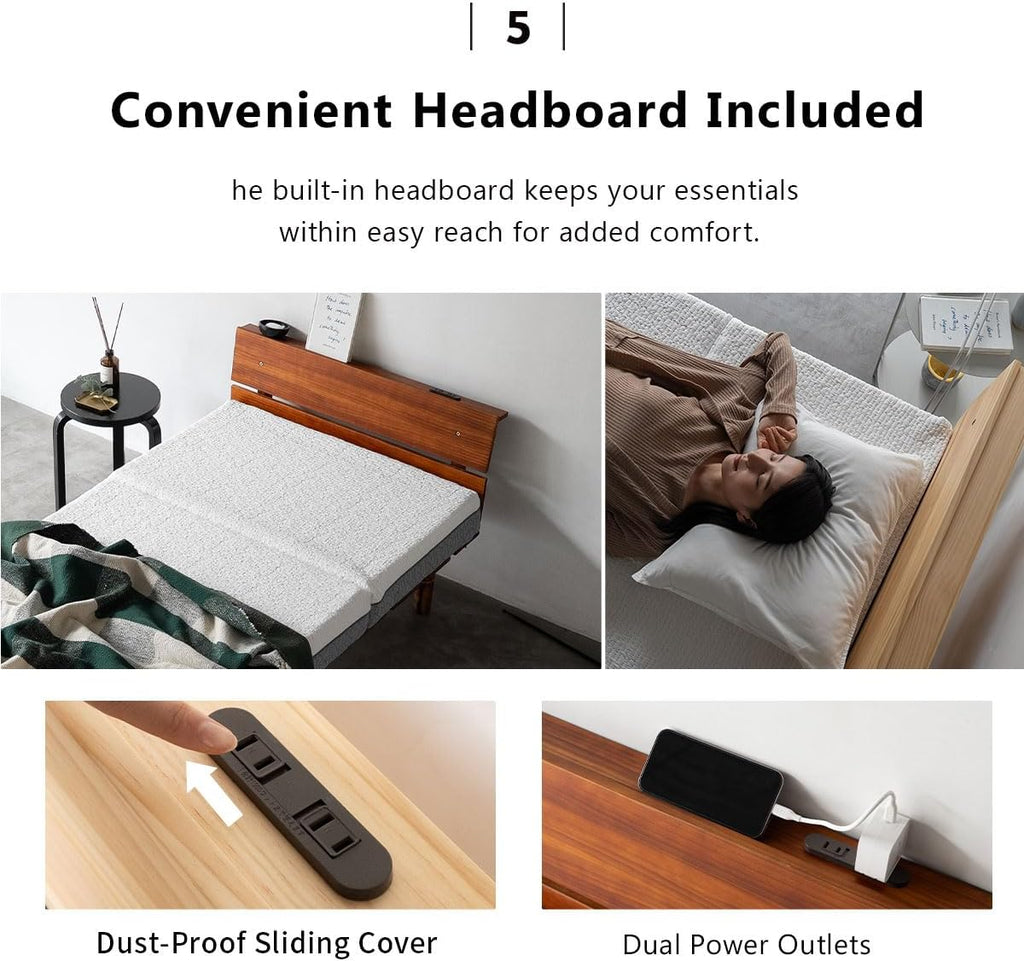 Wood Slatted Floor Bed Frame for Japanese Futon Mattress (Earth-Natural), Head Board Height