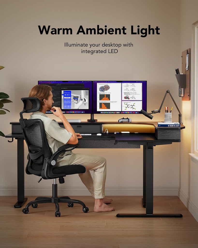 65′′ L Shaped Standing Desk with 3 Drawers, Adjustable, Black | Built-in Power Outlets, LED Strip, Smooth Electric