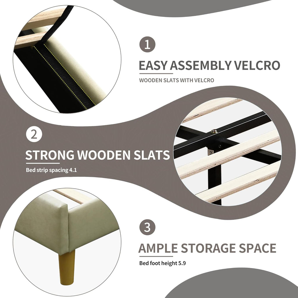 Upholstered Platform Bed Frame/Queen Bed Frame/Modern Geometric Double-Wing Design headboard/Linen Fabric/Easy to