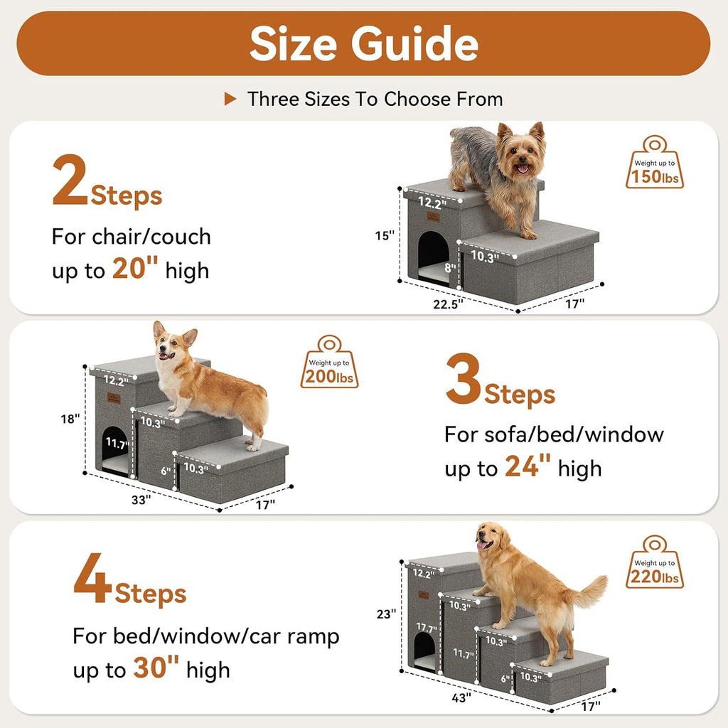 Dog Stairs with Storage, Grey 3 Steps Dog Ramp with Condo for Bed