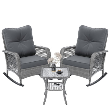 Rocking Chair Outdoor Set 2 w/Coffee Table, 3 Pc Wicker Bistro Set