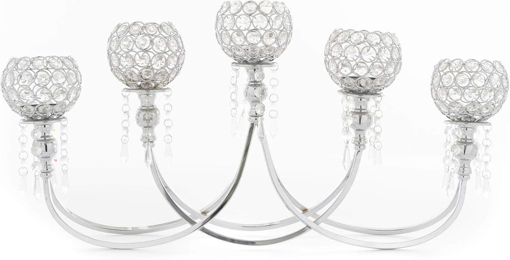 Quintette Candle Holder 5-Arm High Gloss Metallic Metal Tabletop Chandelier with Crystal Dangles, Candelabra, Candle