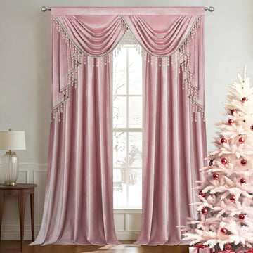 Vintage Velvet Drapes, Room Darkening Waterfall Valance Curtains Set, Retro Pink Solid Window Treatment, W59 & 52 x