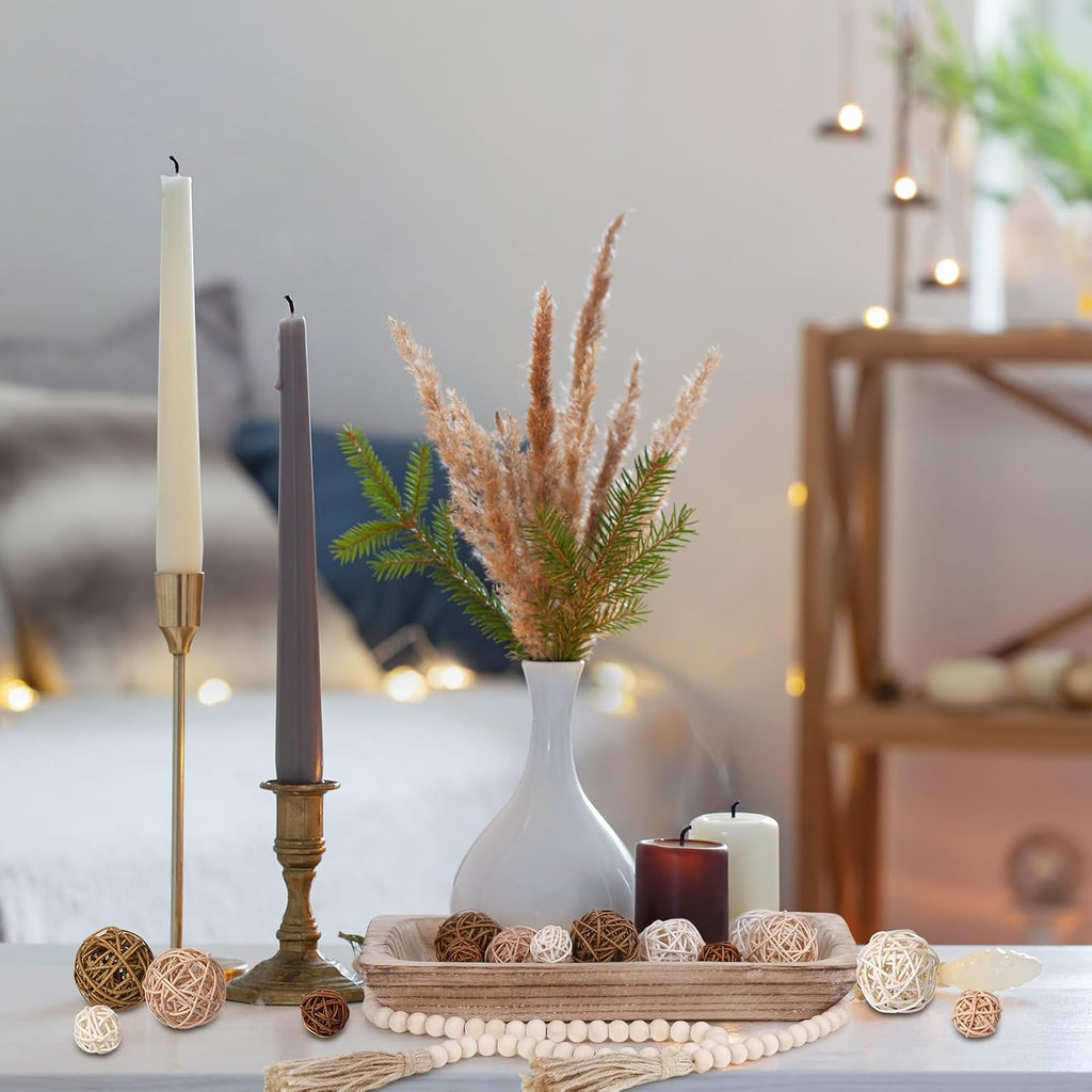 17 Pcs Wooden Centerpiece Table Decorations Wood Dough Bowl Wicker Rattan Balls Beads String with Tassel Natural