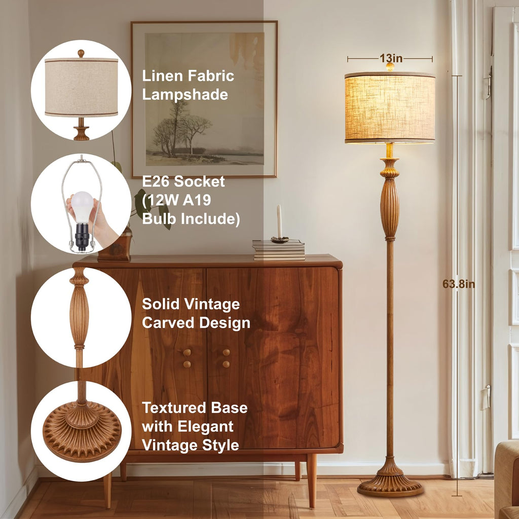 Vintage Floor Lamp, Rustic Standing Lamp with Linen Shade, Light Wood Grain