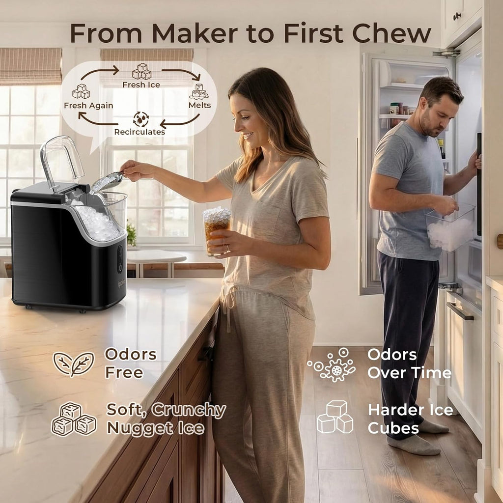 Nugget Ice Maker Countertop: 33lb/Day, Self-Cleaning, Black Stainless Steel, Portable, Soft Chewable Pebble Ice