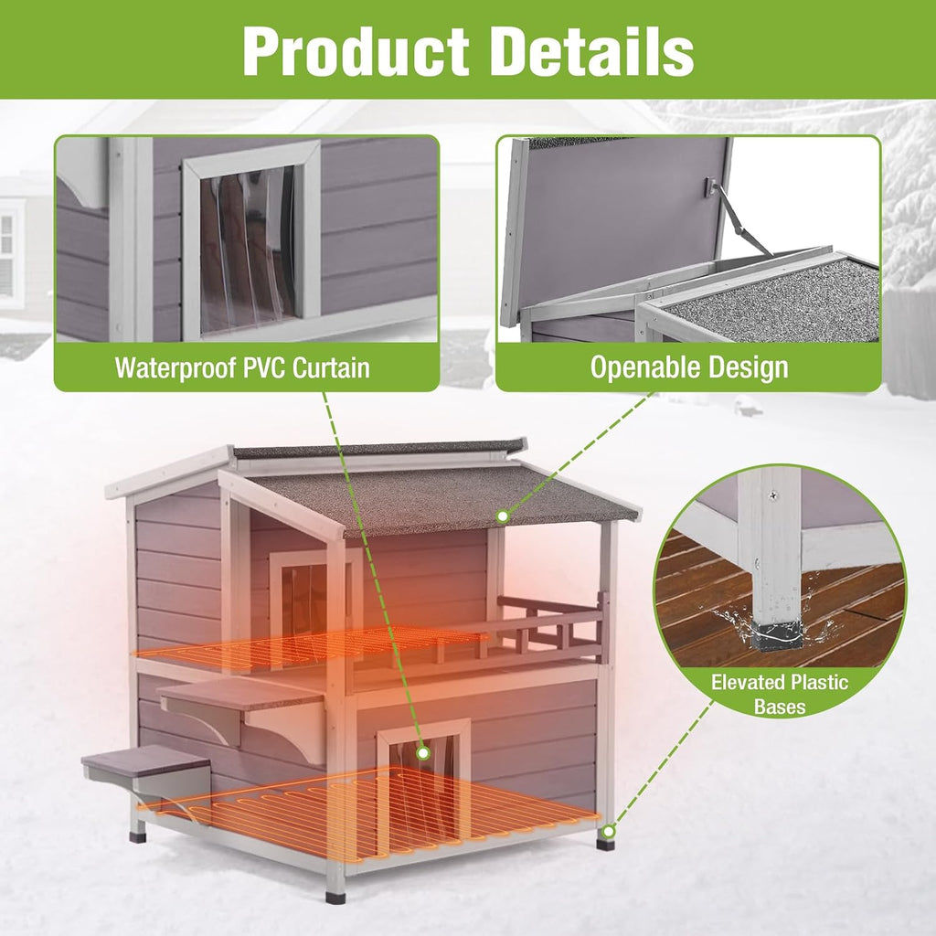 2-Story Heated Cat House Outdoor Insulated Cat House Weatherproof Feral Cat Shelter with Safe Heating Pad, Insulated
