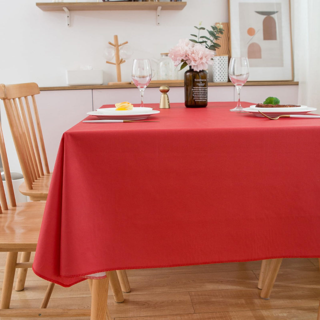 Vinyl Christmas Tablecloth with Flannel Backing, Solid Red, Waterproof, Stain-Resistant, Easy-Clean Table Cover for
