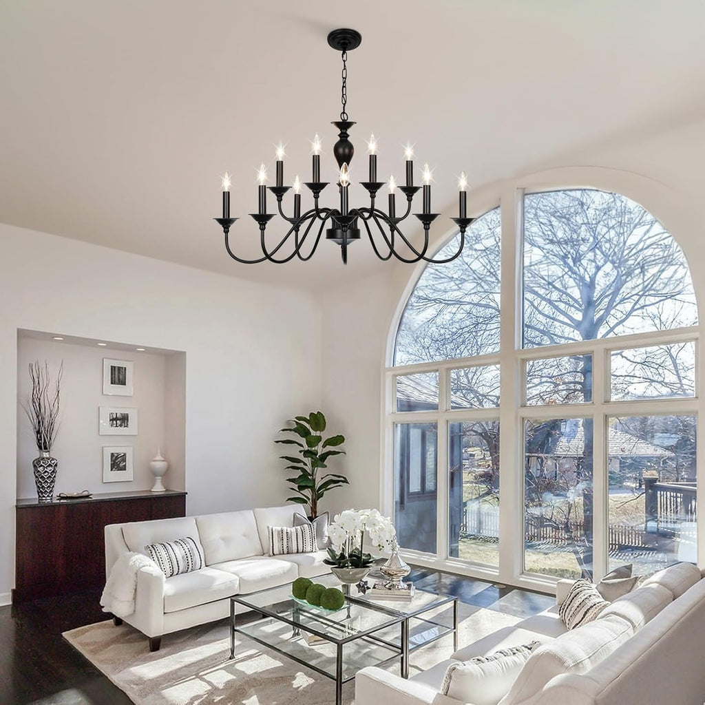 Black Farmhouse Chandeliers for Dining Room Light Fixtures Over Table, 12 Light Industrial Candle Hanging Chandeliers for Living Room Kitchen Island Foyer Staircase A109-B0DS29K2PD