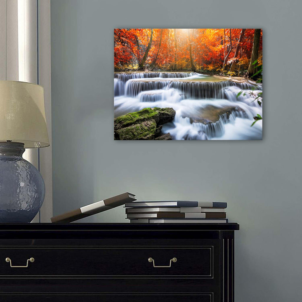 Fall Waterfall Canvas Wall Art Autumn National Park Scenery Picture Mountain Maple Trees Prints Bedroom Wall Decor