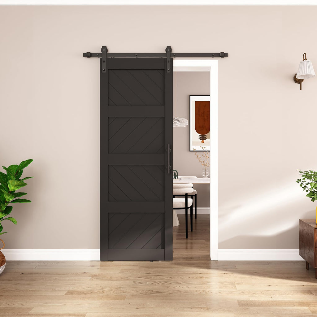 30x84 inch Sliding Barn Door, Wave Shape 4-Panel Door, Black