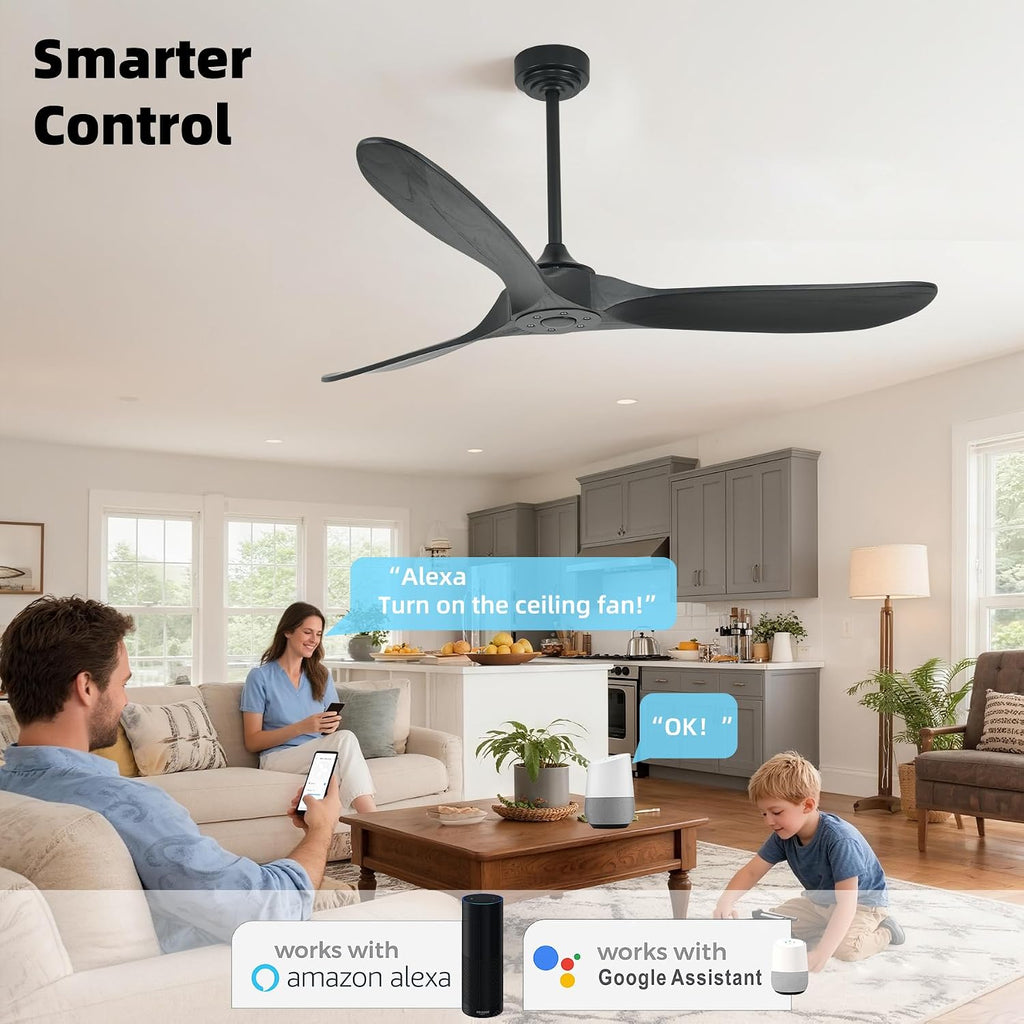 Outdoor Ceiling Fan Without Light, 60 Inch Smart Ceiling Fan with Remote & Voice Control for Compatible with