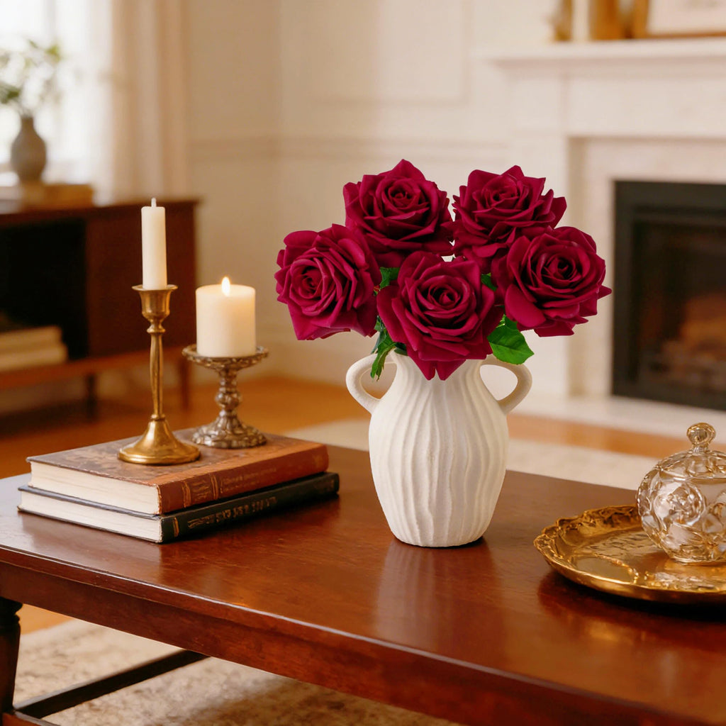 Real Touch Roses Artificial Flowers, 5Pcs Dark Red Faux Silk Rose
