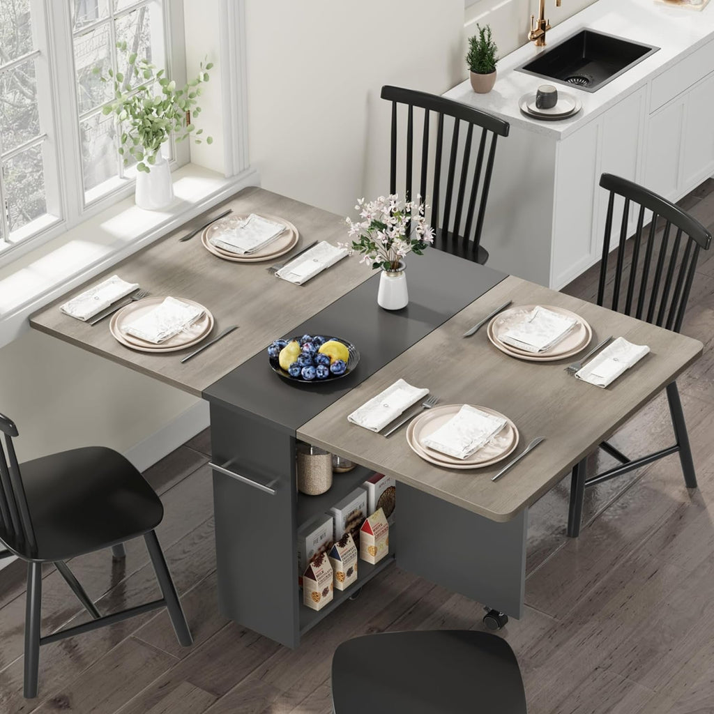 FoldingTable, Drop Leaf Dining Table with 6 Wheels and 2-Layer Storage Shelf, Space Saving Table for Small Spaces