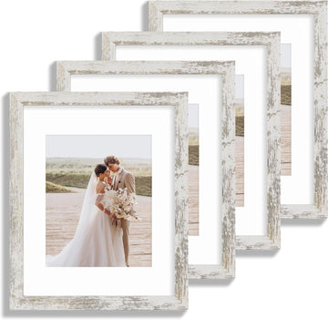 11x14 Picture Frame Set of 4, Made of Glass and Distressed White Wooden Frame, Display 8x10 Pictures with Mat or 11 x