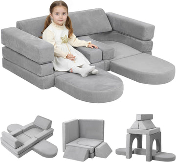 Kids Couch, Light Grey Modular Foam Play Couch, Ages 3+