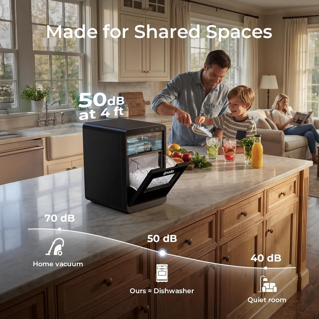 Nugget Ice Maker Countertop: 44lb/Day, Self-Cleaning, Black Stainless Steel, Portable, Soft Chewable Pebble Ice