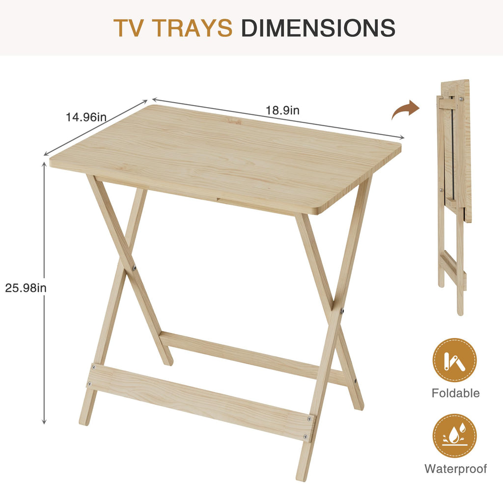 Folding Table Set of 2, Modern Wood Portable Snack TV Trays, Easy to Clean & Assemble, Natural