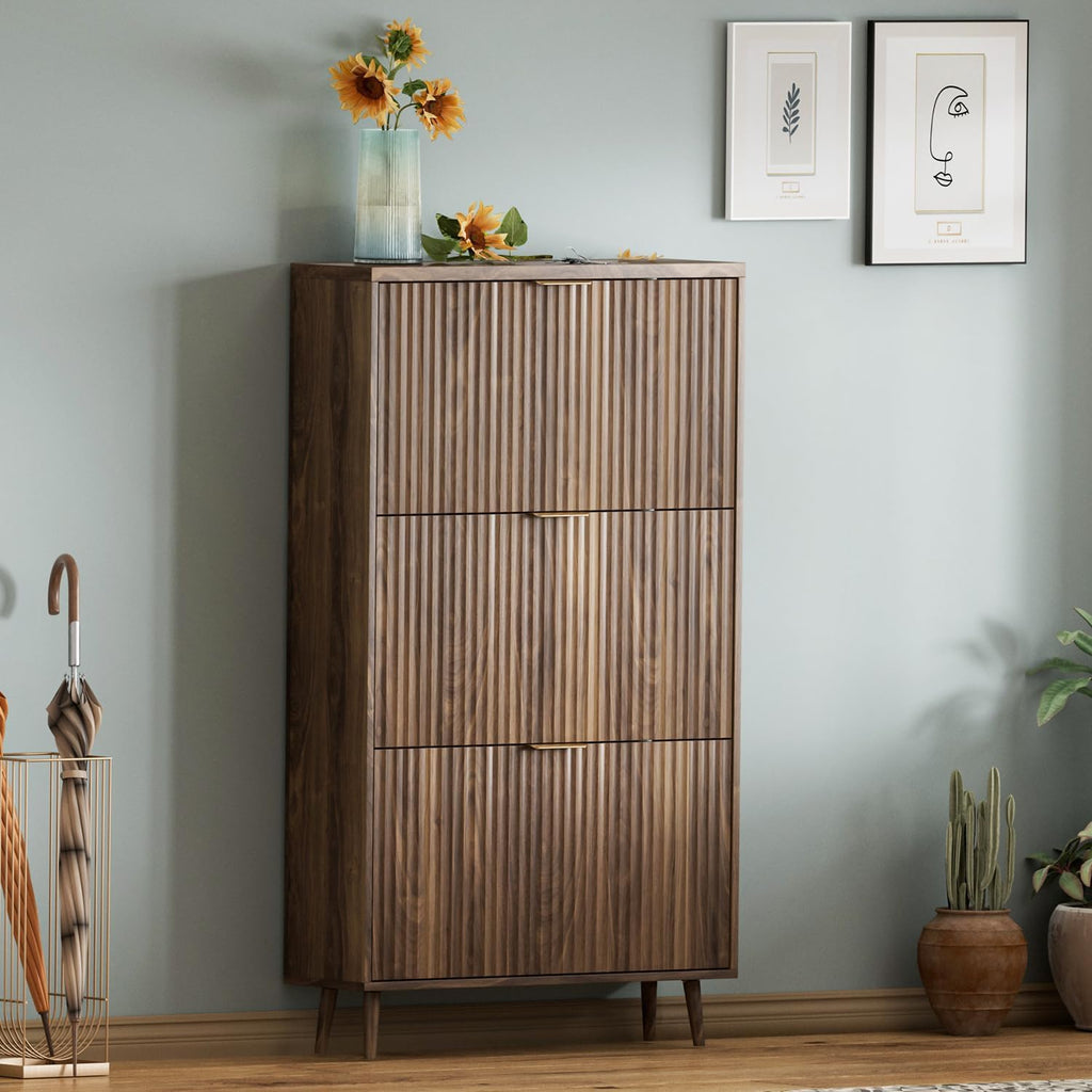 Shoe Cabinet Storage,Modern Freestanding Organizer with 3 Flip Drawers,Narrow Shoe Rack Cabinet ,Walnut