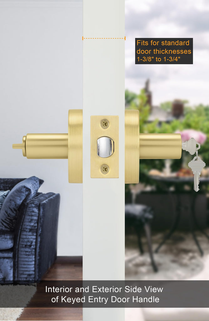 Entry Door Handle with Lock and Key, Zinc Alloy Heavy Duty Gold Exterior Door Handle, Keyed Door Lever with Locks and