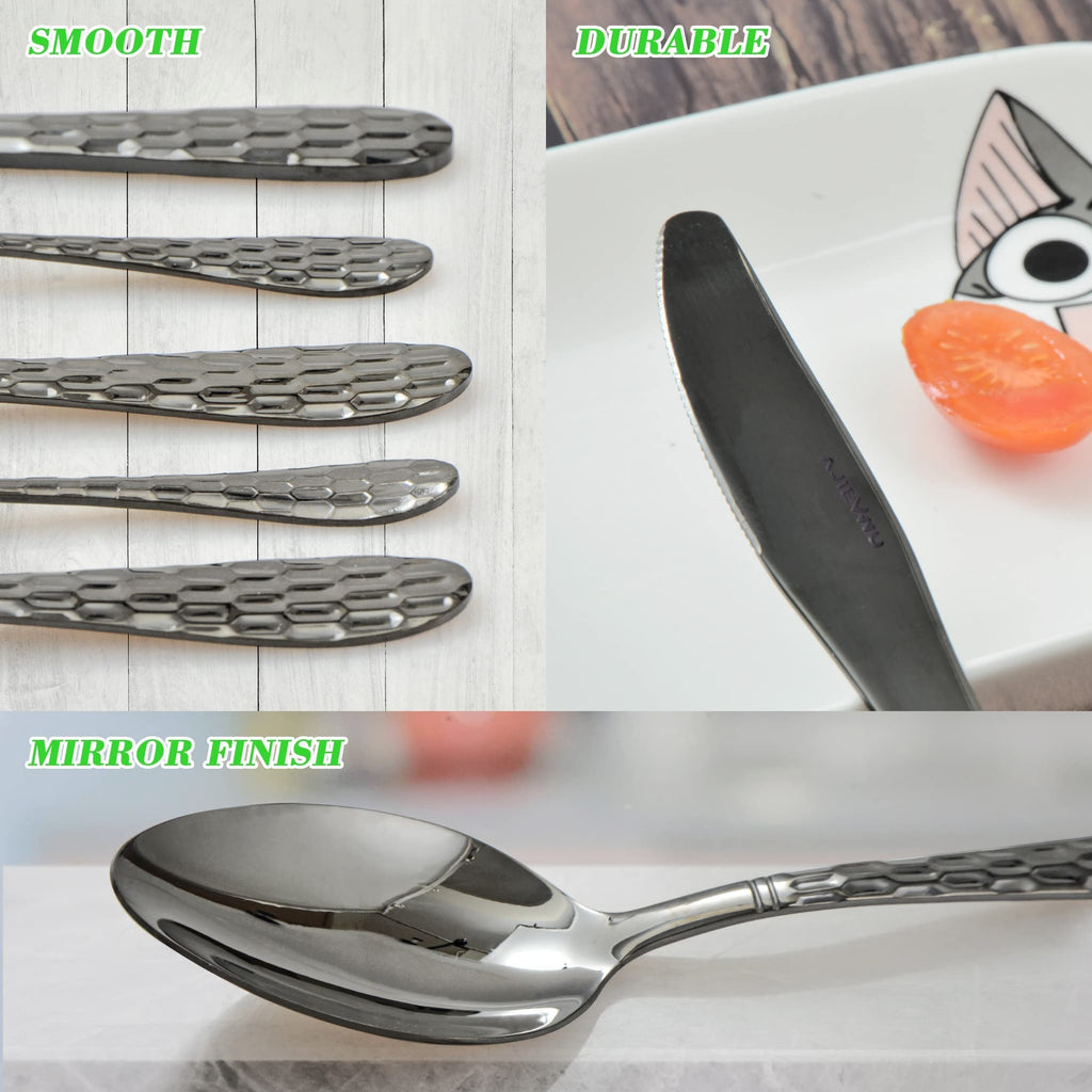 Hammered Silverware Set for 4, 20-Piece Black Flatware, 18/10 Stainless Steel Include Knife/Fork/Spoon, Tableware