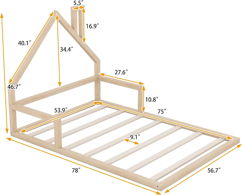 Full Size Wood Floor Bed with House-Shaped Headboard, Wooden Platform Bed Frame, No Box Spring Required