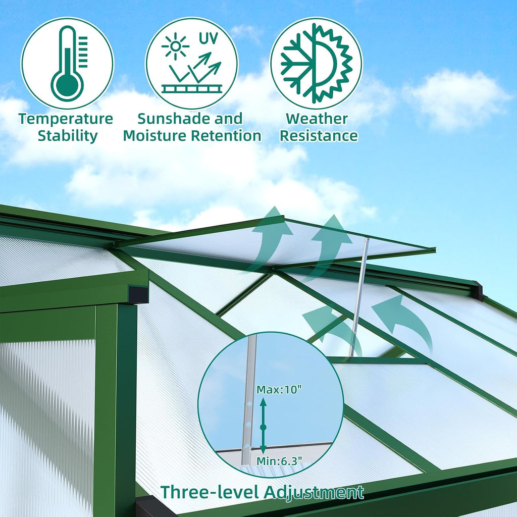 6x10 FT Greenhouse - Large Aluminum Greenhouses for Outdoors | Easy Assembly Polycarbonate Greenhouse with Roof Vent