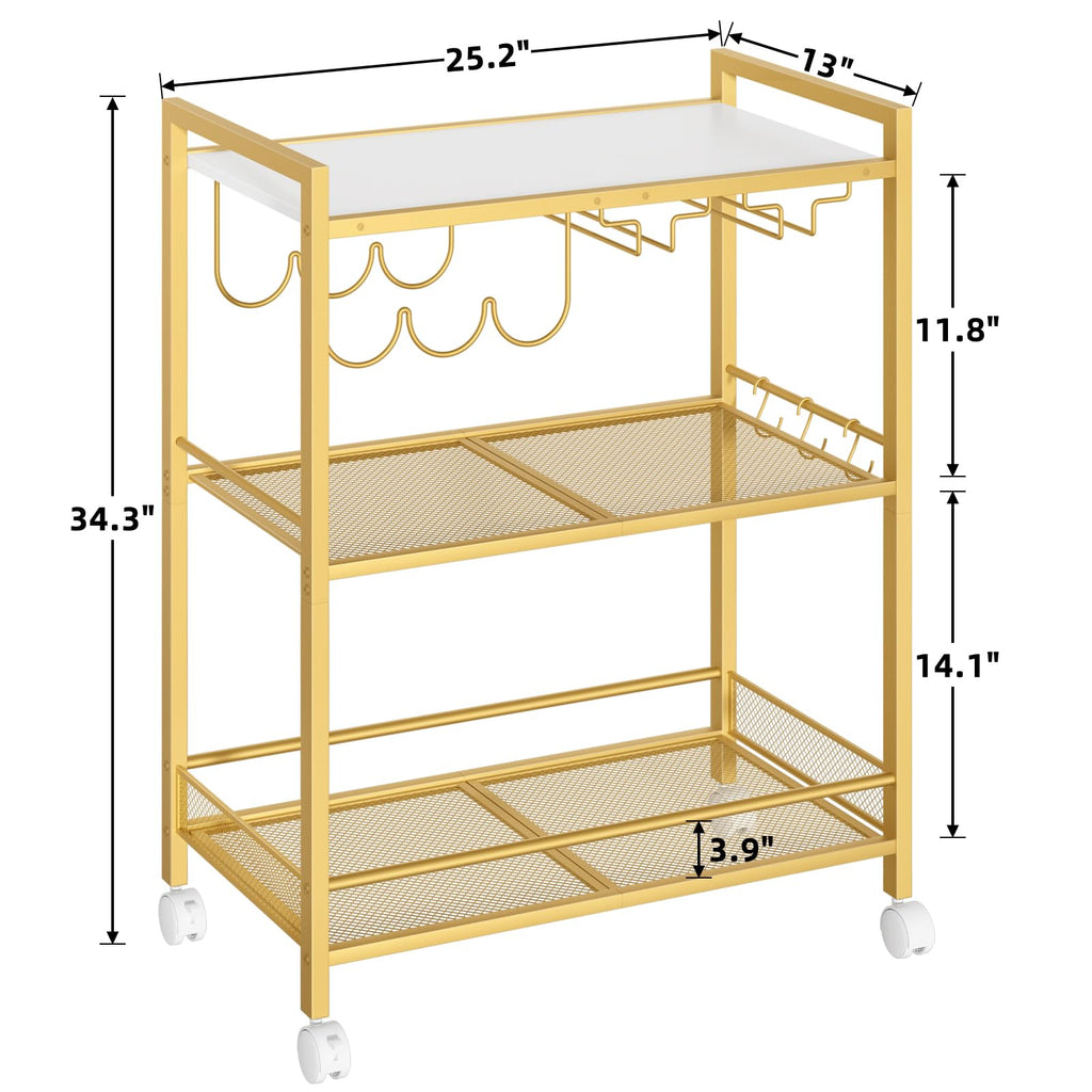Bar Cart, 3-Tier Home Bar Serving Cart with Lockable Wheels, Gold