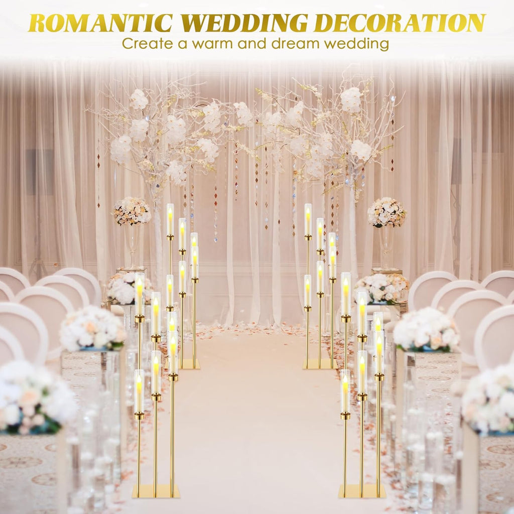 Tessco 4 Pcs 6 Arm Wedding Gold Candelabra Table Centerpiece 46.5" Floor Candle Holder Metal Tall Candlestick Acrylic