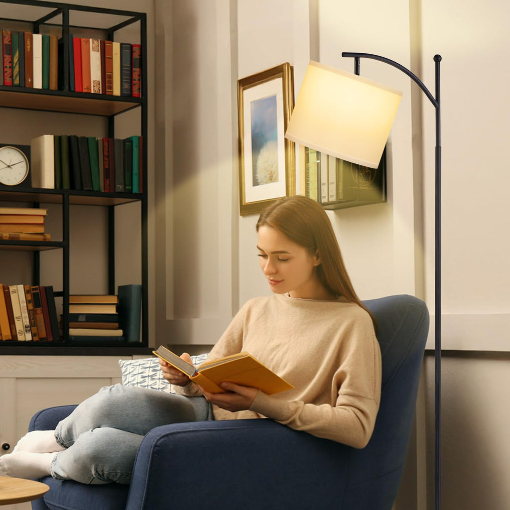 60" Floor Lamp with 3 Color Temperatures, Adjustable White Shade, Black Pole - Tall Lamp, Classroom, Dorm - 9W Bulb