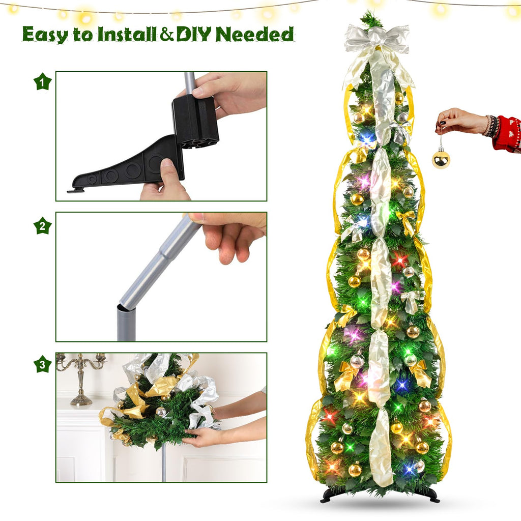 Pop Up Decorations Artificial Collapsible Tree with Lights 8Modes&Timer Predecorated Pencil Tinsel Tree Apartment